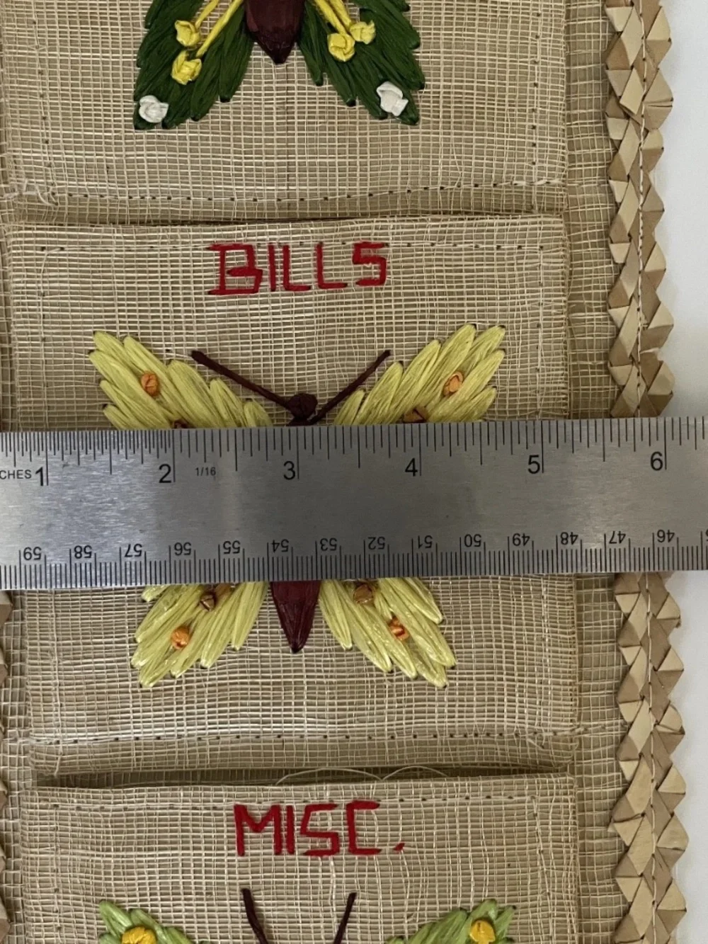 Vintage Wicker Wall Organizer Mail Letter Bill Holder 3 Pocket Butterfly Stitch